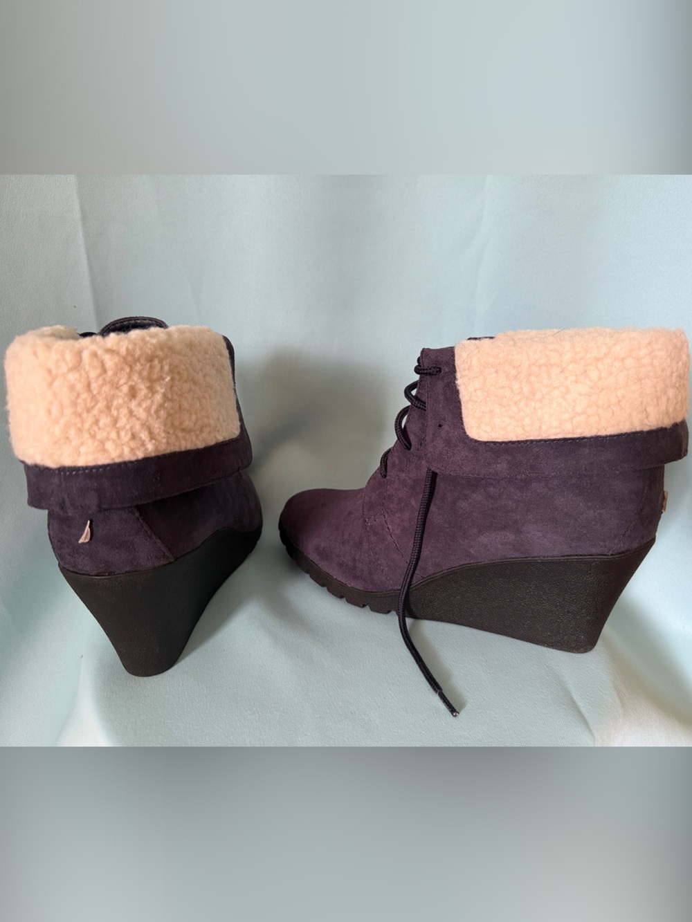 Nautica Navy Blue Suede Wedge Ankle Boots with Cream Faux Shearling Cuff